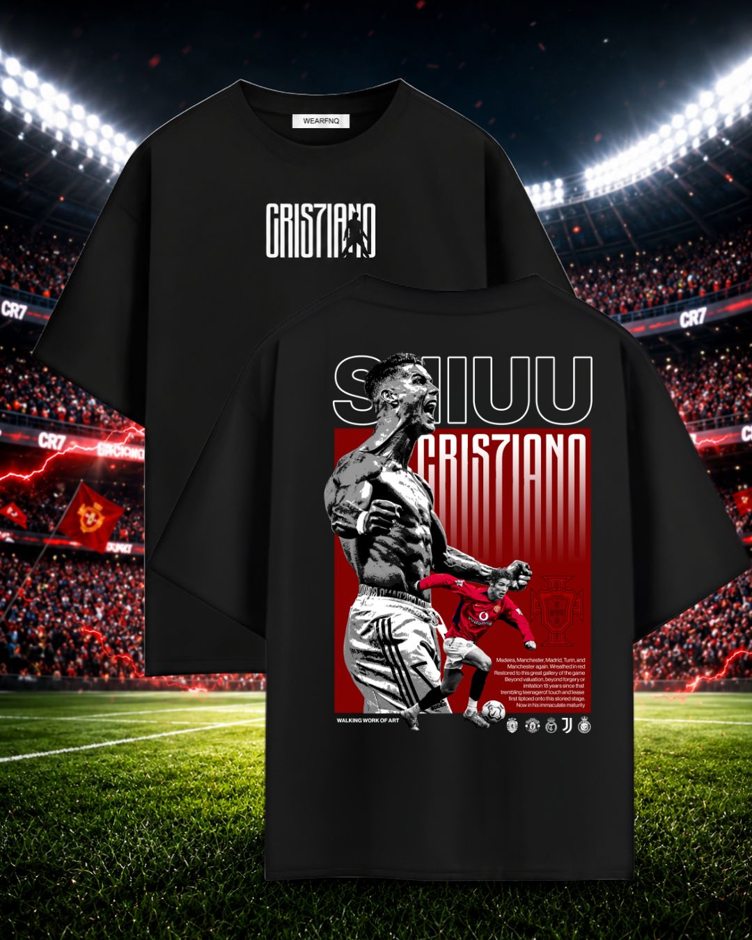 Black t-shirt with a graphic design of a muscular figure and text on a sports stadium background